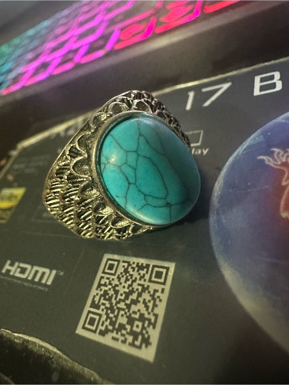 Turquoise Gemstone Statement Ring Solid 925 Silver Filigree size 11 US